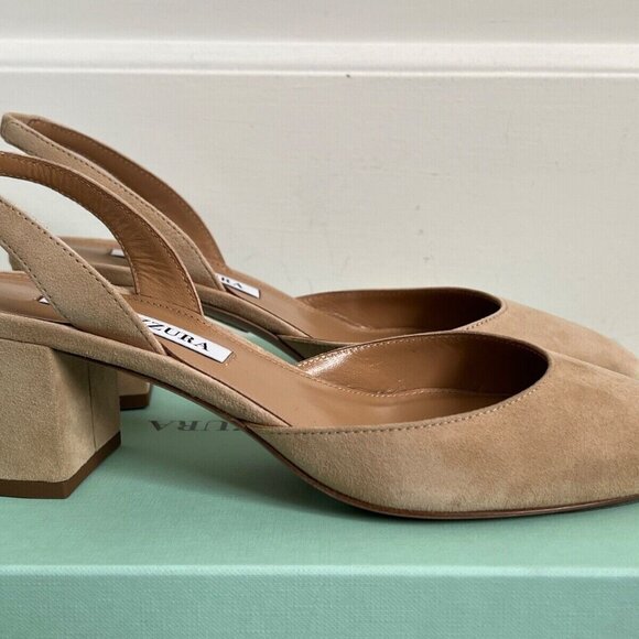 Aquazzura Talita Beige New Nude Suede Block Heel Slingback Pumps - Picture 8 of 14